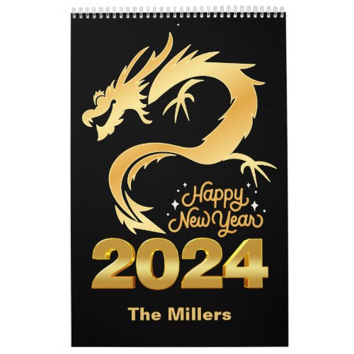 Happy New Year 2024 Golden Chinese Dragon Black Calendar