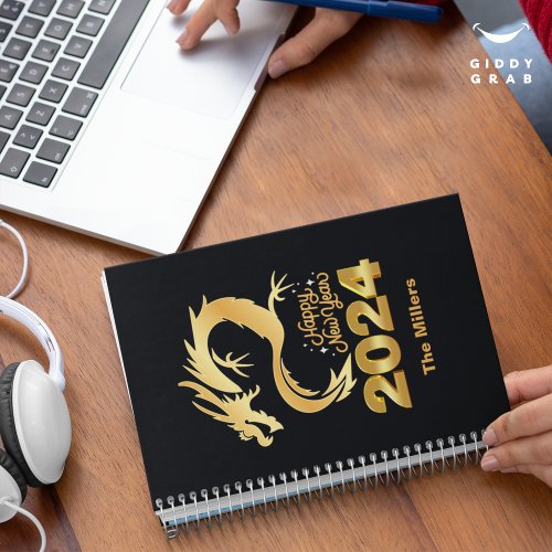 Happy New Year 2024 Golden Chinese Dragon Black Planner