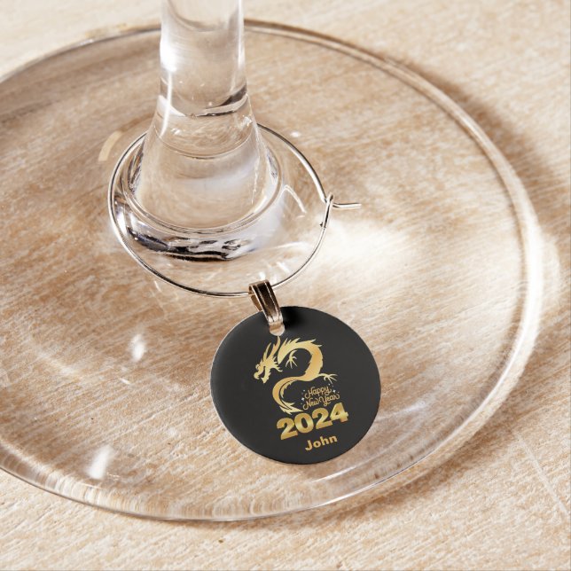Happy New Year 2024 Golden Chinese Dragon Black Wine Charm (In Situ)