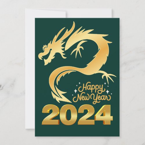 Happy New Year 2024 Golden Chinese Dragon Green Holiday Card