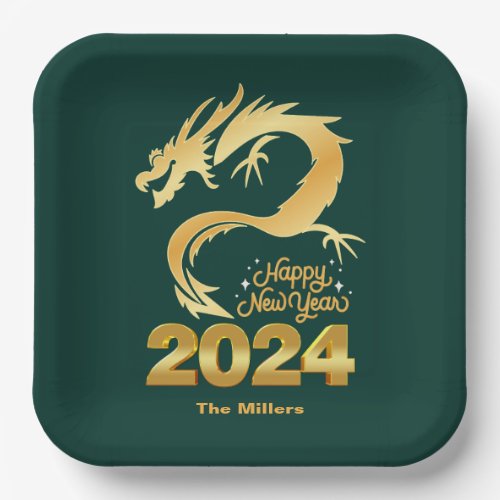 Happy New Year 2024 Golden Chinese Dragon Green Paper Plates