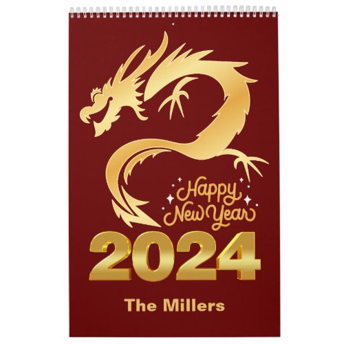 Happy New Year 2024 Golden Chinese Dragon Red Calendar