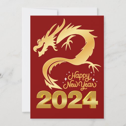 Happy New Year 2024 Golden Chinese Dragon Red Holiday Card