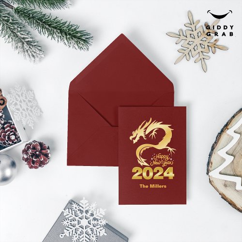 Happy New Year 2024 Golden Chinese Dragon Red  Invitation