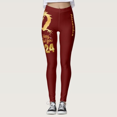 Happy New Year 2024 Golden Chinese Dragon Red Leggings