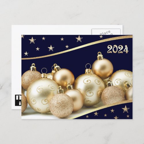 Happy New Year 2024 Golden Shiny Baubles Holiday Postcard