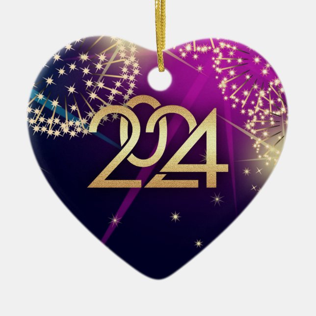 Happy New Year 2024 Heart Shape Ceramic Ornament (Front)