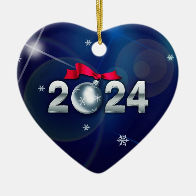 Happy New Year 2024 Heart Shape Custom Ceramic Ornament (Front)