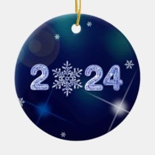 Happy New Year 2024 Ice Numbers and Snowflake Ceramic Ornament