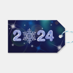 Happy New Year 2024. Ice Numbers and Snowflake Gift Tags
