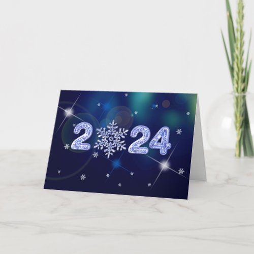 Happy New Year 2024 Ice Numbers and Snowflake Holiday Card