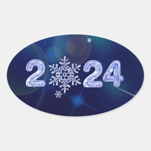 Happy New Year 2024 Ice Numbers and Snowflake Oval Sticker