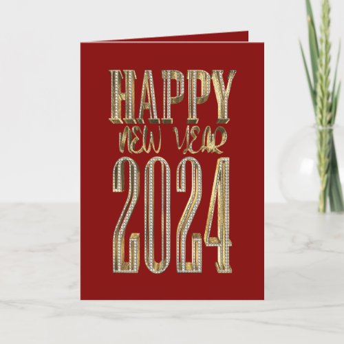 Happy New Year 2024 Maroon Red Gold Script Holiday Card