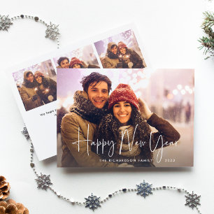 Happy New Year 2024 Modern Script Multi Photo Holiday Card