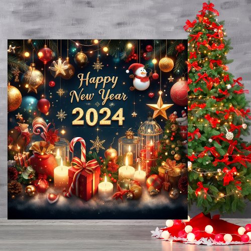Happy New Year 2024 Ornament Star Blue Red Gold Holiday Card