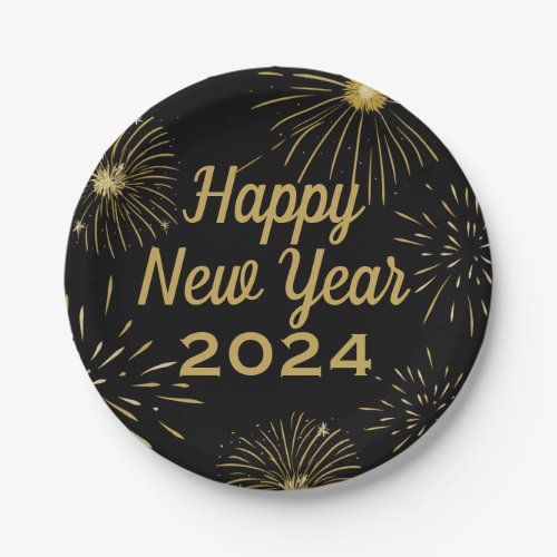Happy New Year 2024 Party Black Gold Paper Plates