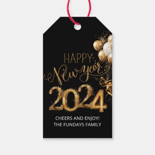 Happy New Year 2024 Party Gold Black Balloons Gift Tags