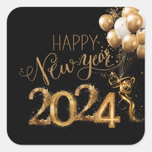 Happy New Year 2024 Party Gold Black Balloons Square Sticker