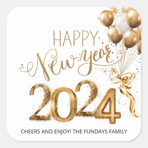 Happy New Year 2024 Party Gold White Balloons Square Sticker