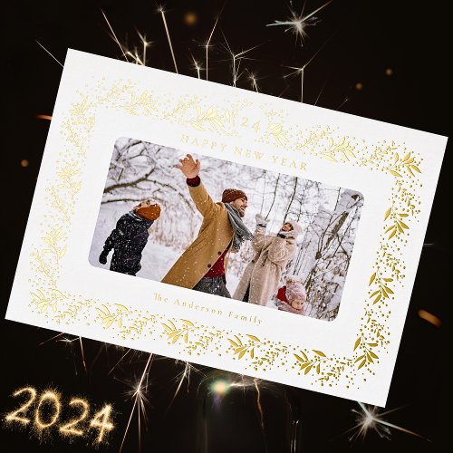 Happy New Year 2024  Photo Gold Botanical Frame  Foil Holiday Card