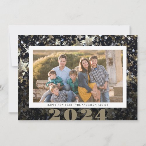 Happy New Year 2024 Photo Star Confetti Holiday Card