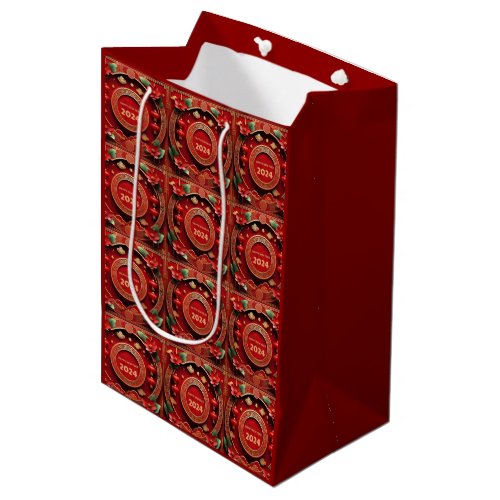 Happy New Year 2024 Red Green Gold floral Medium Gift Bag