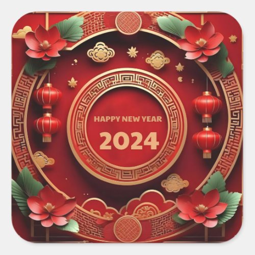 Happy New Year 2024 Red Green Gold floral Square Sticker