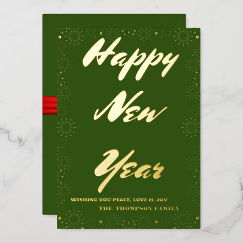 Happy New Year 2024 Retro Green Ribbon Foil Holiday Card