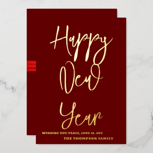 Happy New Year 2024 Retro Red Ribbon Foil Holiday Card