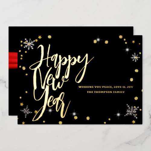 Happy New Year 2024 Retro Red Ribbon Foil Holiday Card