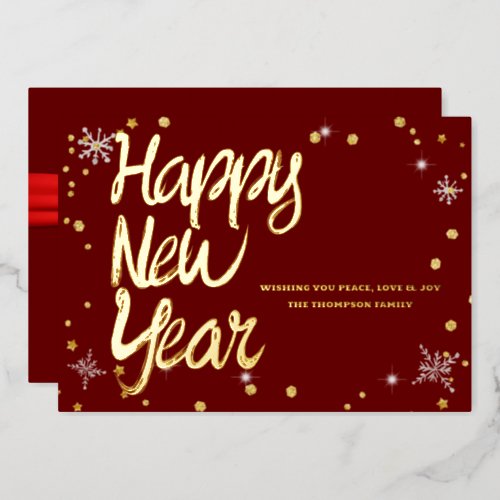 Happy New Year 2024 Retro Red Ribbon Foil Holiday Card