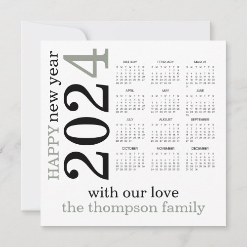 Happy New Year 2024 Sage White Calendar  Holiday Card