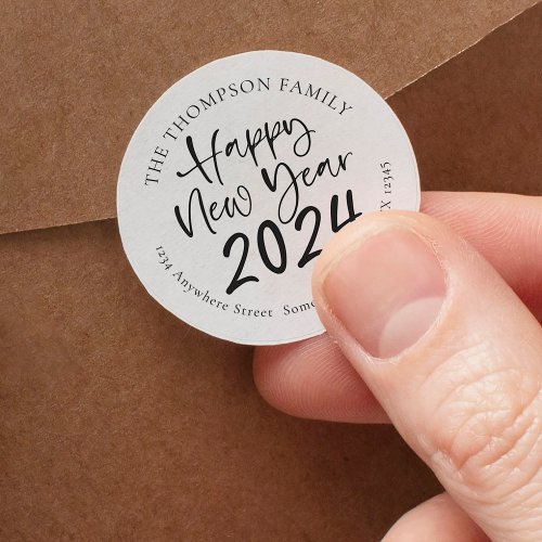 Happy New Year 2024 Script Return Name Address Classic Round Sticker
