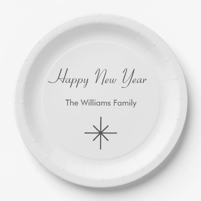 Happy New Year 2024 Simple Snowflake   Paper Plates (Front)
