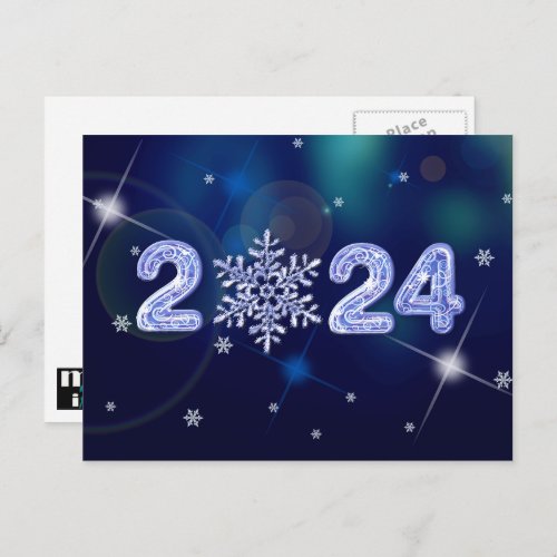 Happy New Year 2024 Snowflake and Ice Numbers Holiday Postcard