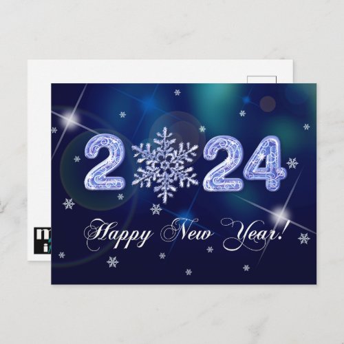Happy New Year 2024 Snowflake and Ice Numbers Postcard