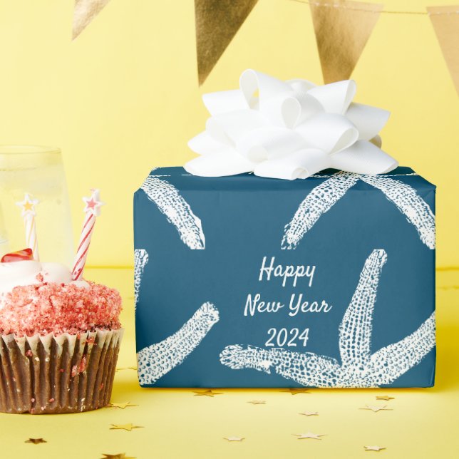 Happy New Year 2024 Starfish Ocean Blue Trendy Wrapping Paper (Birthday Party)
