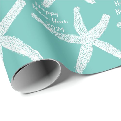 Happy New Year 2024 Starfish Teal White Beach Wrapping Paper