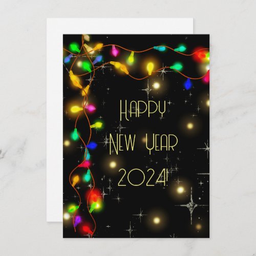 Happy new year 2024 stars and lighting garlands holiday card
