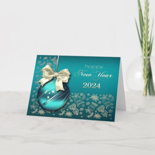 Happy New Year 2024  Turquoise Gold Bauble  Holiday Card