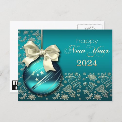 Happy New Year 2024 Turquoise Gold Bauble Holiday Postcard