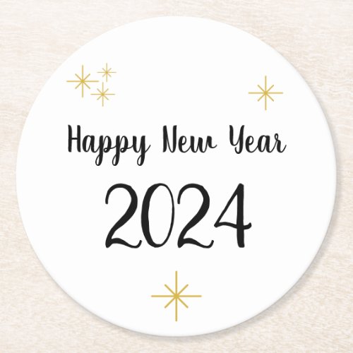 Happy New Year 2024 Typography Black Gold Elegant Round Paper Coaster