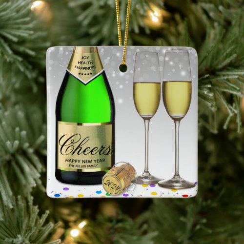 Happy New Year 2024 Wine Sparkling Bottle Ceramic Ornament