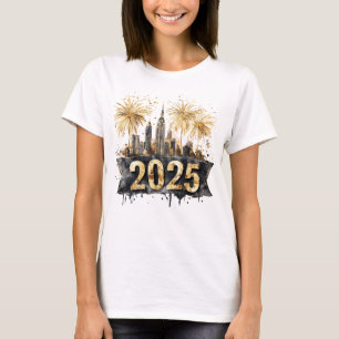 Happy New Year 2025 Black and Gold, Fireworks T-Shirt