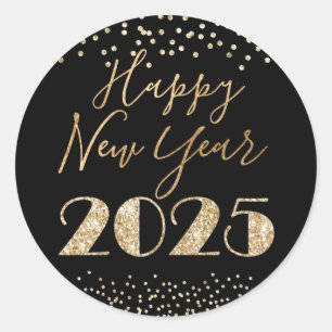 Happy New Year 2025 Black & Gold Glitter Diamonds Classic Round Sticker