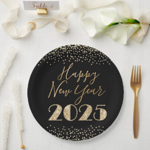 Happy New Year 2025 Black & Gold Glitter Diamonds Paper Plates