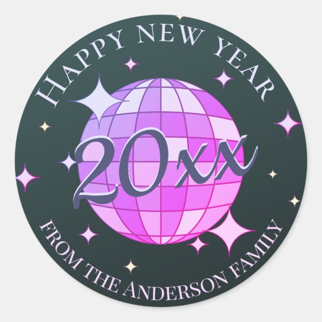 Happy new year 2025 black purple pink classic round sticker (Front)