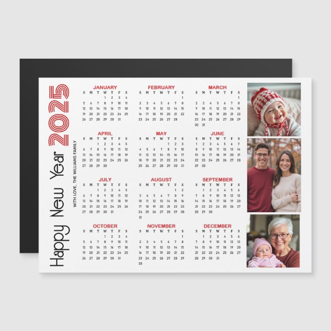 Happy New Year 2025 calendar red photo (Front/Back)