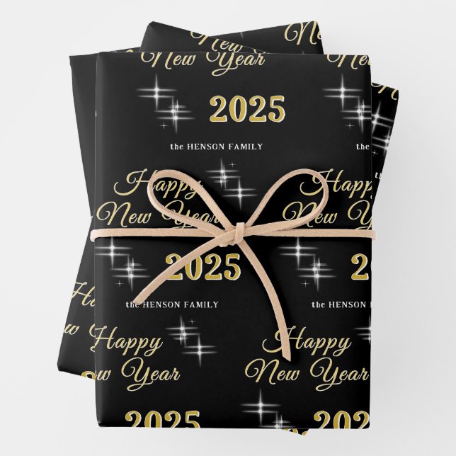 Happy New Year 2025 Elegant Sparkles Wrapping Paper Sheets (In situ)
