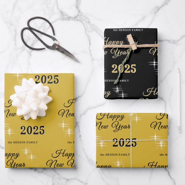 Happy New Year 2025 Elegant Sparkles Wrapping Paper Sheets (Front)
